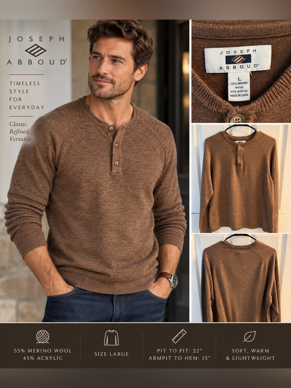 Joseph Abboud Men’s Merino Wool Henley Sweater Large Brown